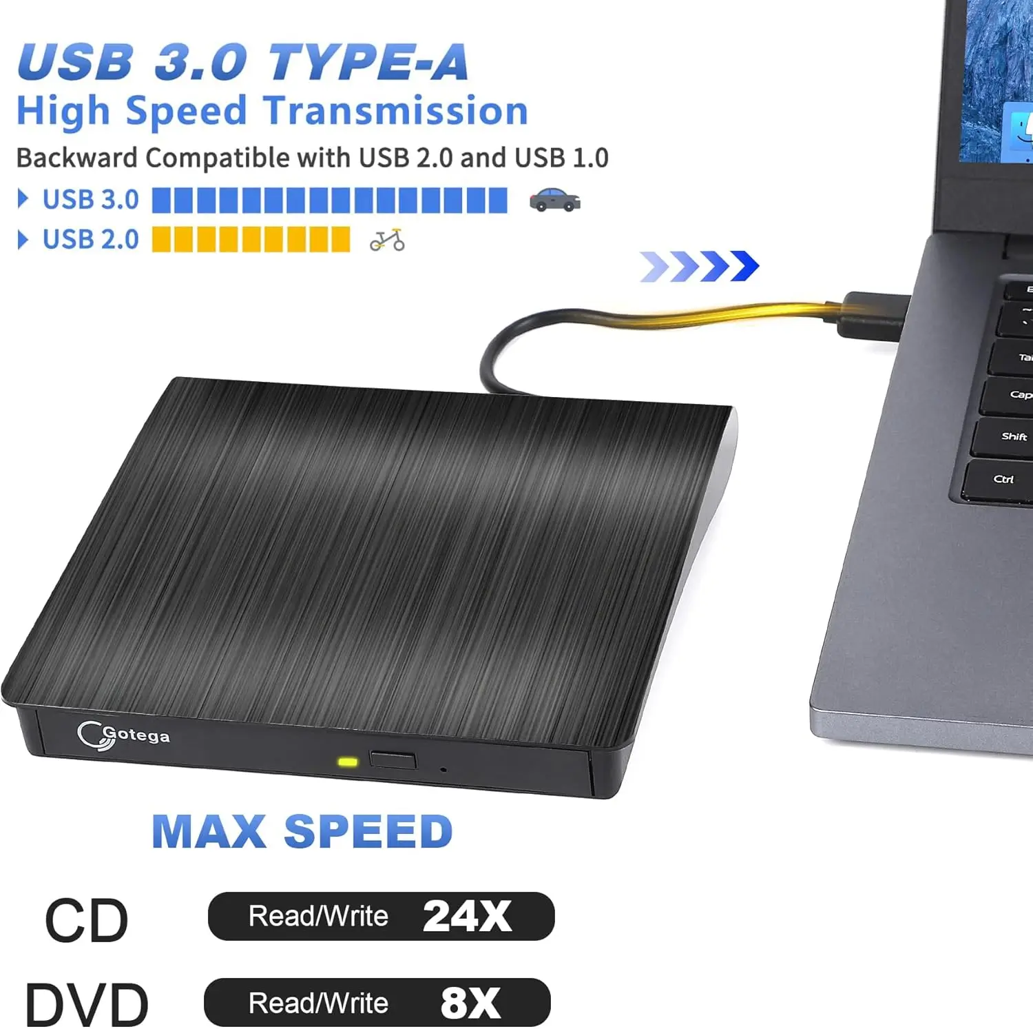 External DVD Drive USB 3.0 Portable +/-RW, CD ROM Burner for Laptop Desktop PC Windows Linux Mac Black 2