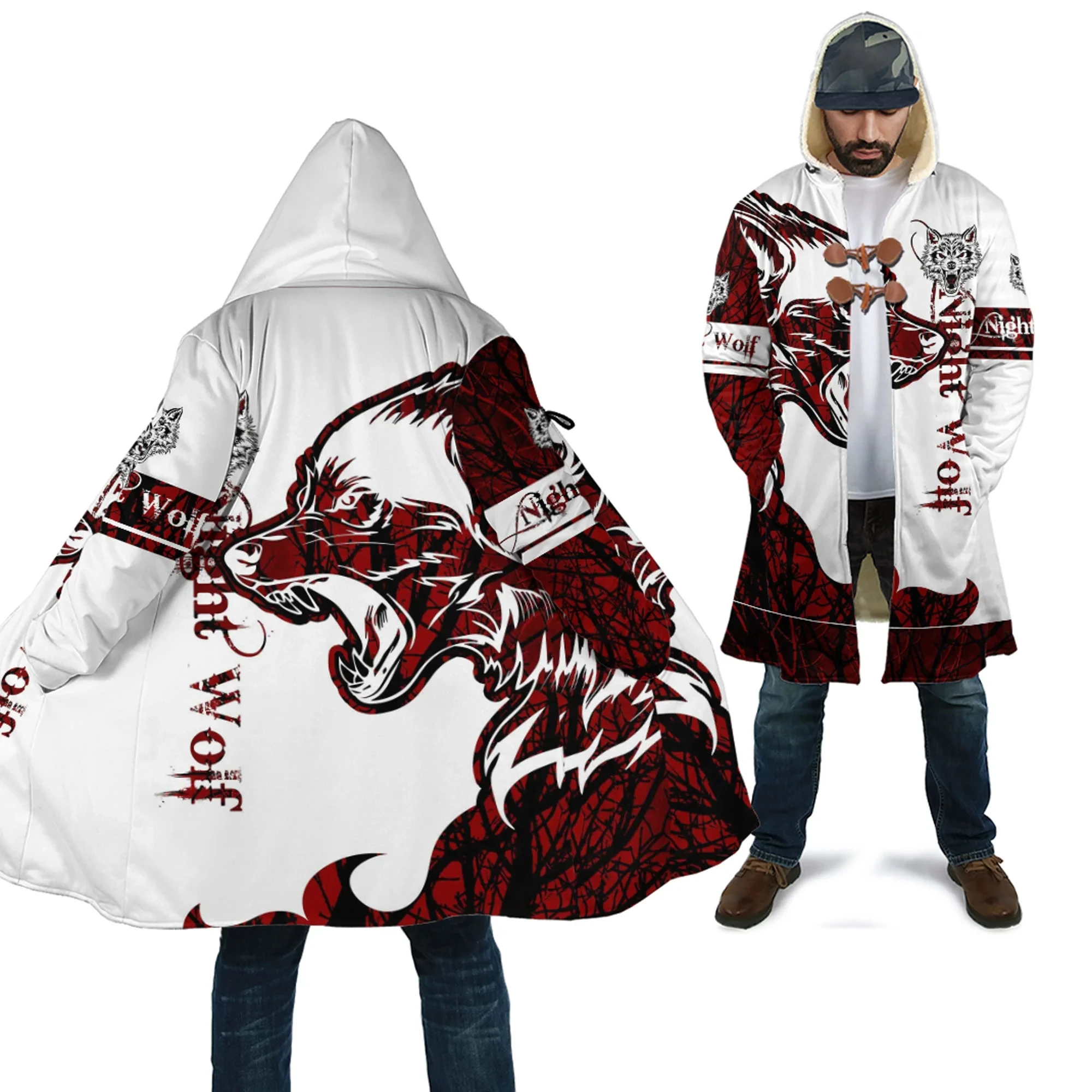 Night Wolf Red Tattoo Pattern 3D All Over Printed Men's Fleece Hooded Cloak Winter Unisex Casual Thick Warm Cloak Coats PF106 tattoo book album pattern manuscript bodhi guanyin buddha statue dragon carp sketch god fish tattoo stencil design accessories