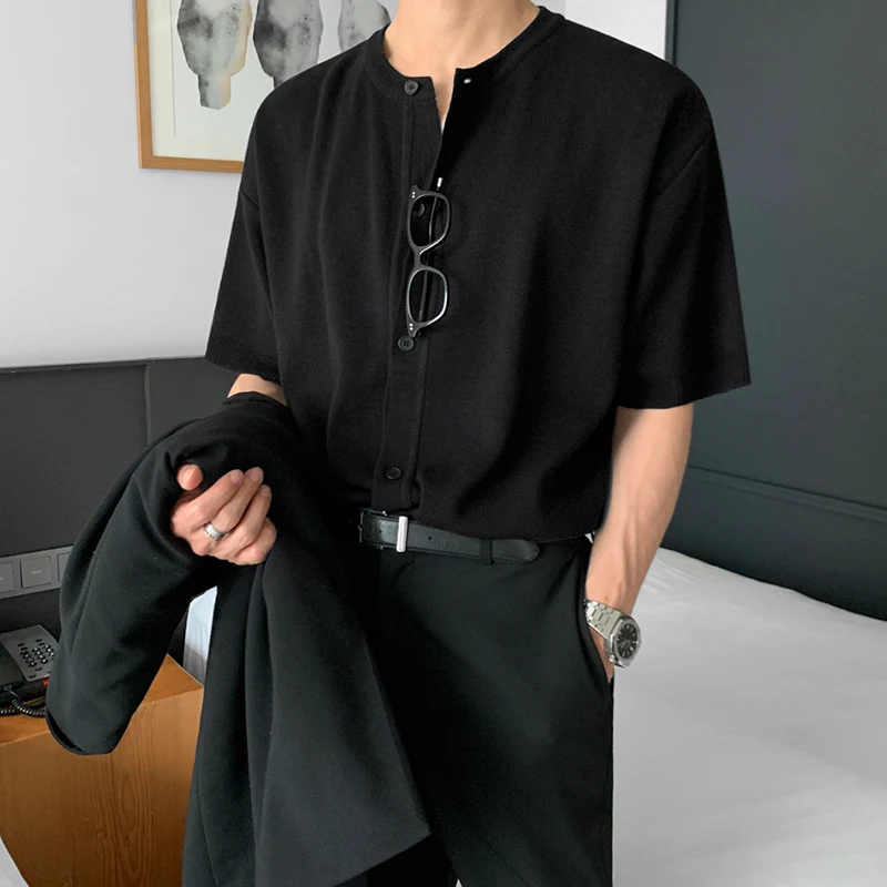 

Korean Summer Men 2023 New Short Sleeve Casual Solid Shirts Male Business Fashion Turn Down Collar Knitted Cardigan A118