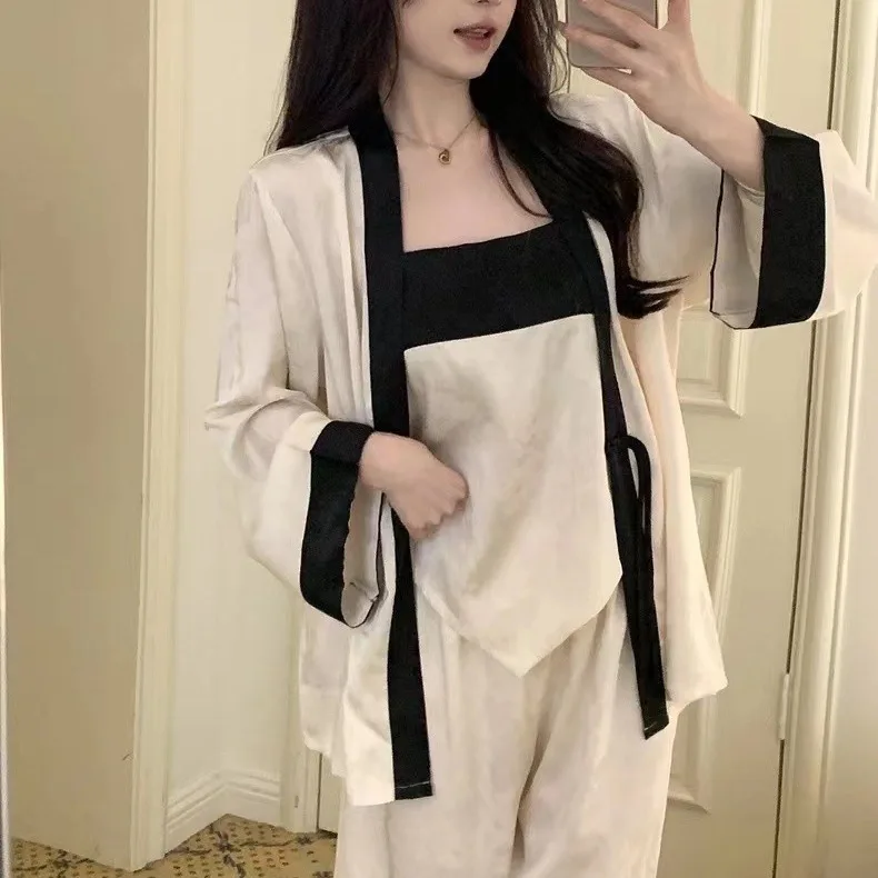 Pajamas Women's Ice Silk Spring and Summer Cardigan Suspender Pants Three Piece Set of High-end Home Clothing  Worn Externally