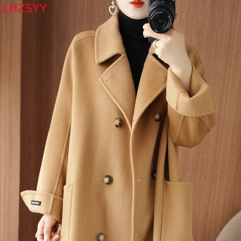 LHZSYY 여성용 양면 캐시미어 코트, 롱 재킷, 하이엔드 상의, 순수 울 가디건, 라지 사이즈 코트, 2022 가을 겨울 신상