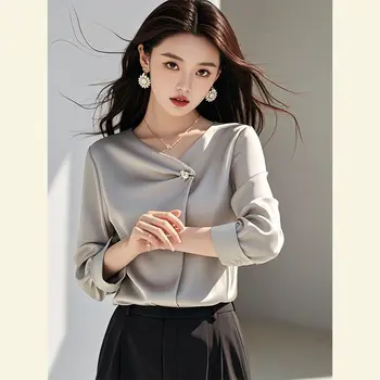 Bottoni temperamento da donna Camicie a maniche lunghe tinta unita Primavera Autunno Office Lady Semplicità Camicetta con scollo a V irregolare Donna 1