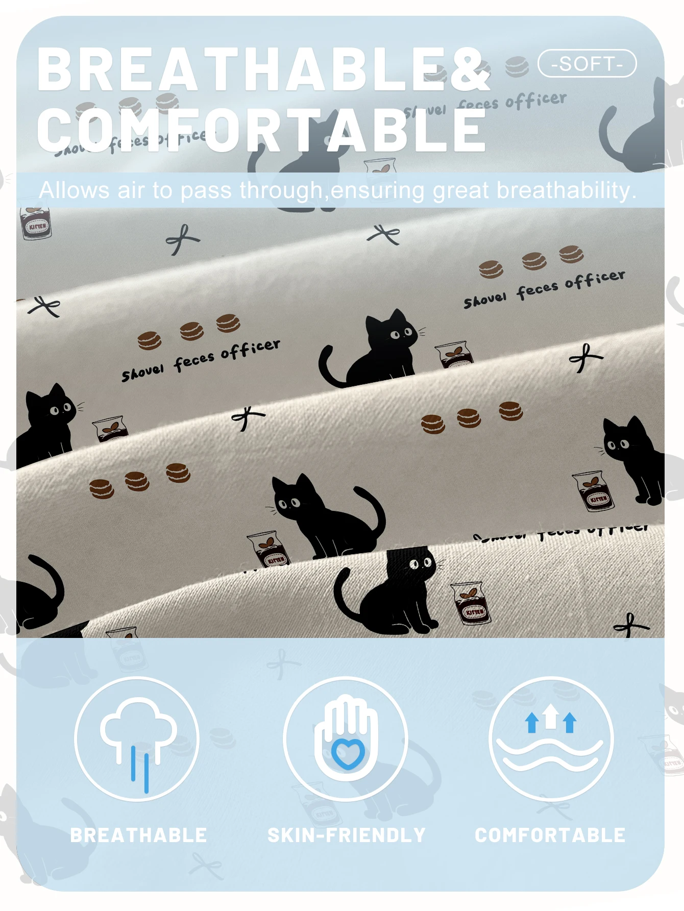 Close-up of Cozy Cat Design Fitted Sheet by KittyNook Cat Co.—breathable, skin-friendly, and ideal for cat lovers.