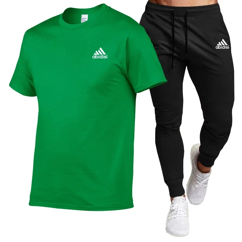 2024 Summer fashion comfort men's suit Cotton T-shirt short-sleeved top + black slacks 2-piece casual sportswear