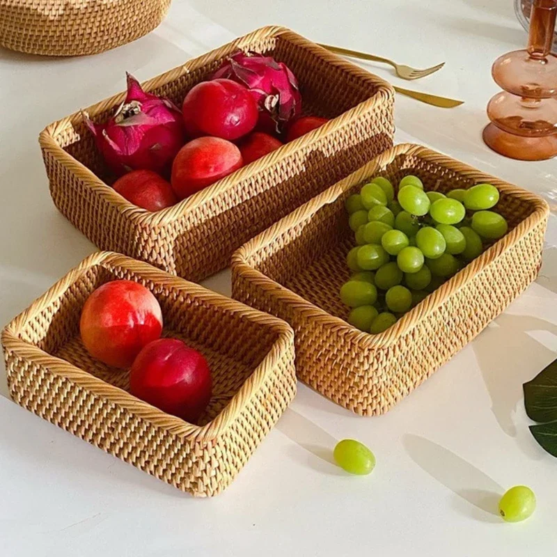 

Handwoven Rectangular Rattan Wicker Basket Fruit Tea Snack Bread Picnic Cosmetic Storage Box Kitchen Supplies Household Tools