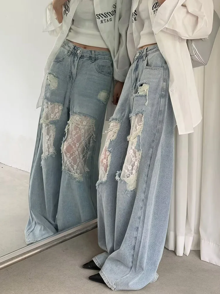 DFCF 2026 Nouveau Jean Décontracté Style Américain Tendance avec Découpes et Dentelle pour Femme, Mode Y2K, Taille Haute, Pantalon Ample à Jambes Larges