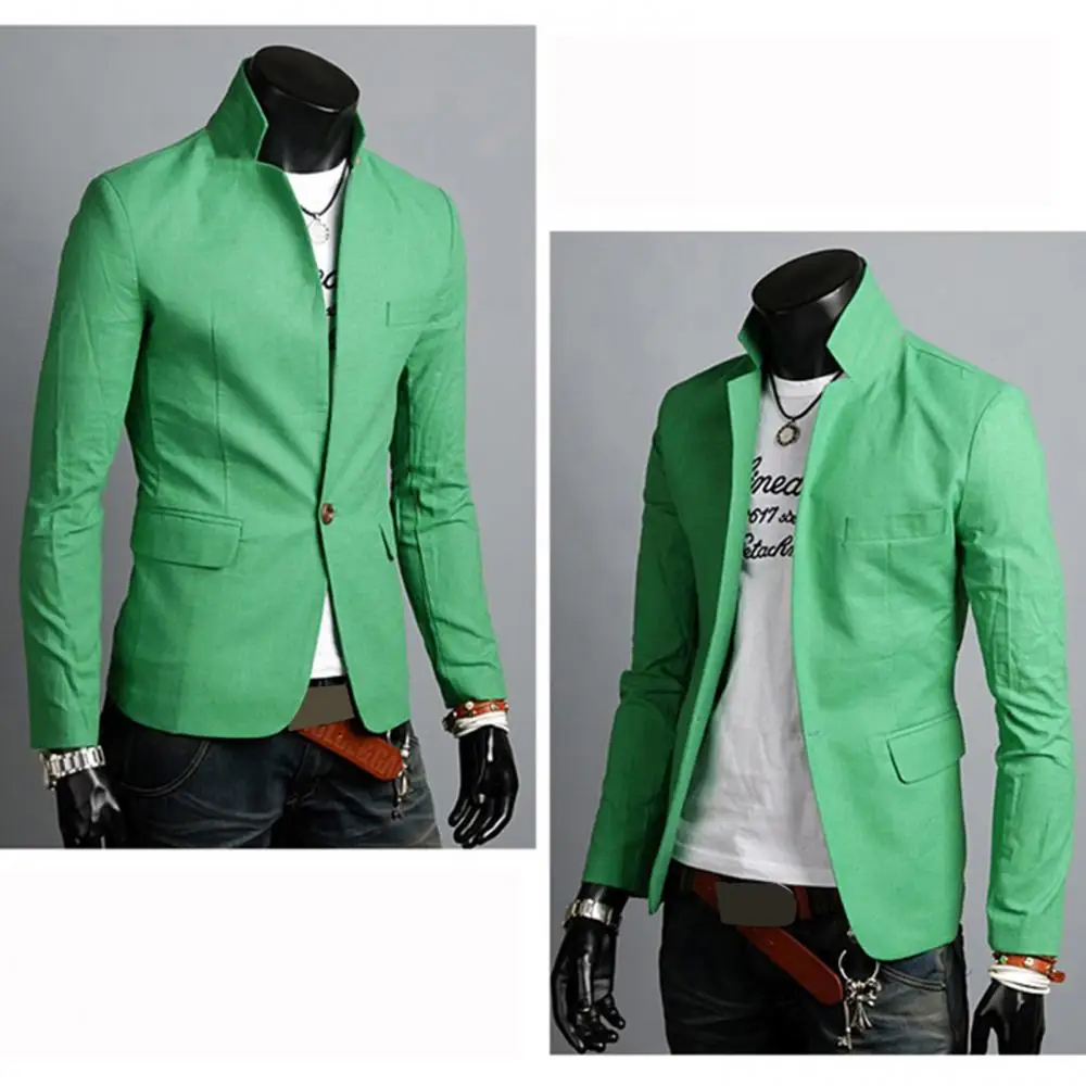 Blazer Lapel Collar Business Pockets Coat Men Solid Color Autumn Button Decor Business Blazer