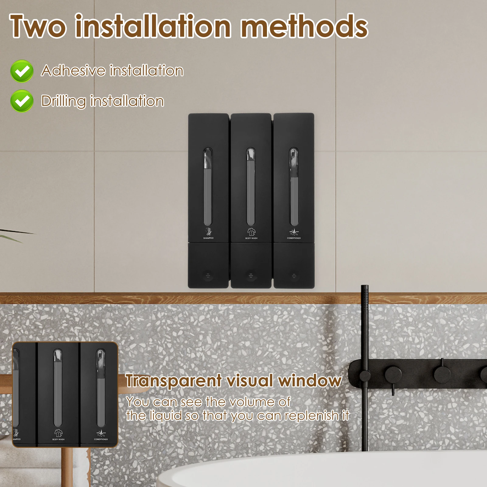Liquid Soap Dispenser No Drill Wall Mounted Triple Shower Shampoo and Conditioner Dispenser for Home Hotel Bathroom Accessories 5