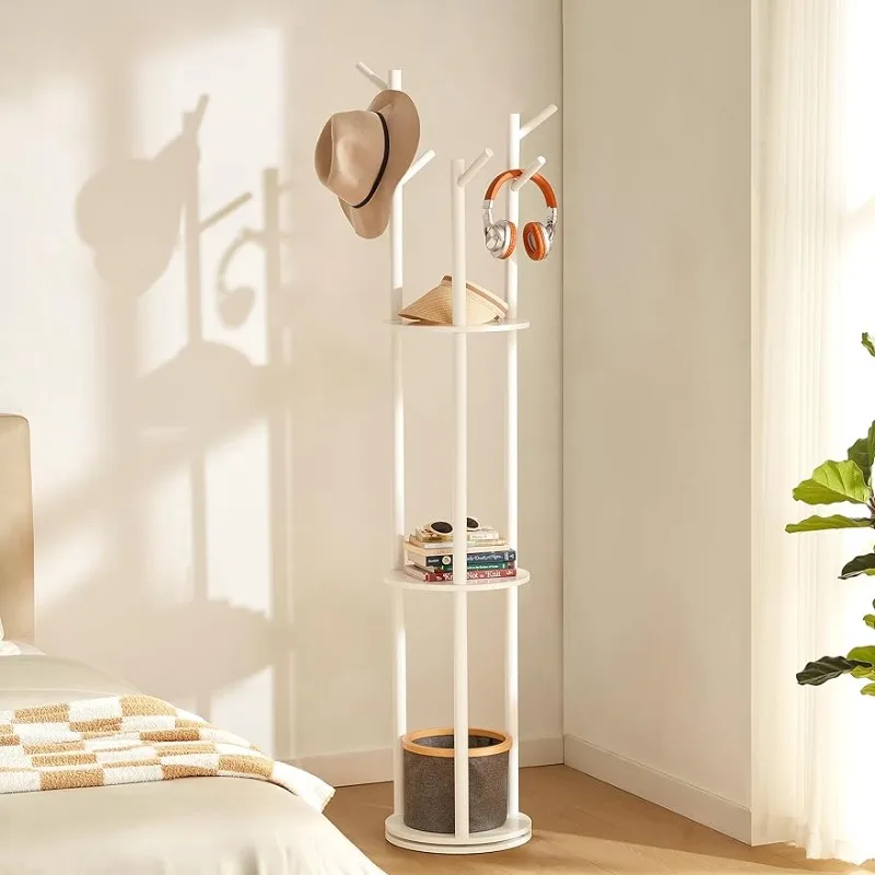 

Rotary Coat Rack, Wooden Coat Rack Freestanding with 3 Storage Shelves and 6 Hooks, Coat Tree with 2 Tiers Display Shelf