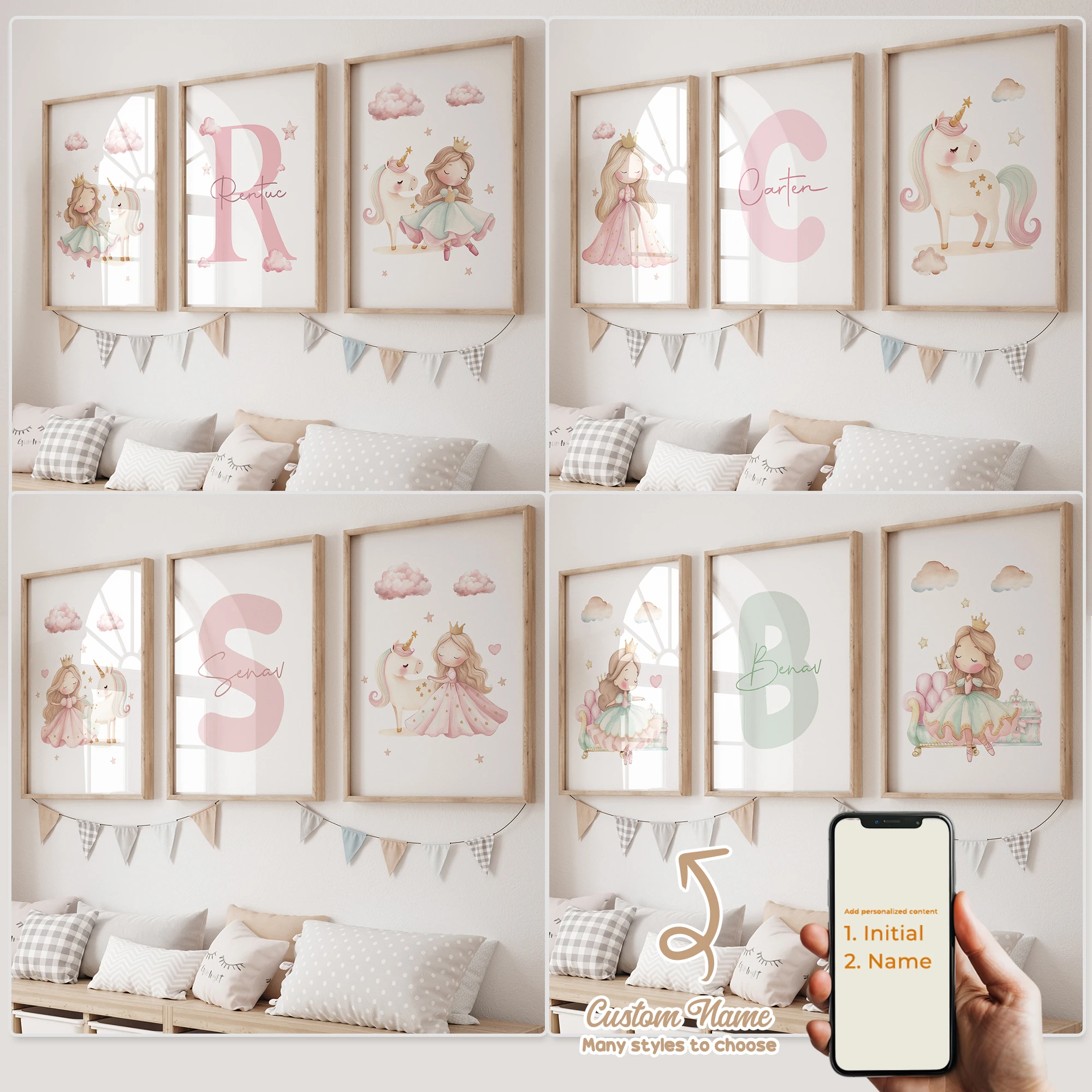 3pcs Personalized Custom Name Cartoon Child Unicorn Wall Art Print Picture Canvas Poster Painting For Living Room Home Decor 1