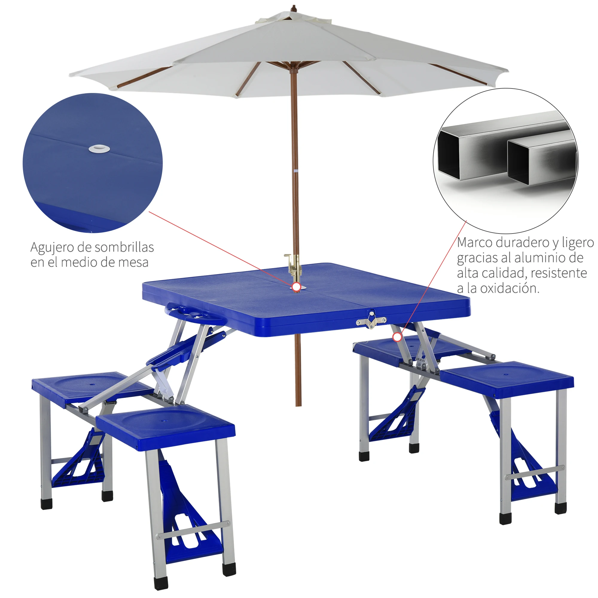 Outsunny Mesa Plegable 4 Asientos y Agujero Sombrilla Estructura Aluminio Camping Playa Picnic