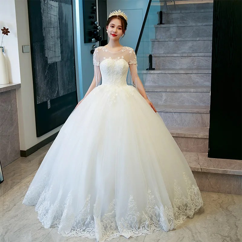 

Short Sleeves Plus Sizes Vestido De Noiva 2023 Wedding Dress Ivory Floor Length Lace Appliqes Tassel Bridal Tulle Mariage Gown