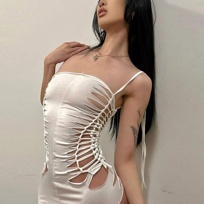 

2023 однотонные комбинации без рукавов с вырезами элегантное сексуальное облегающее мини-платье на шнуровке Летняя женская одежда Y2K женская модель для пляжа