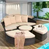 Outdoor Terrace Circular Sofa Bed with Retractable Canopy, Brown Wicker Furniture Combination Sofa with Washable Cushion 5