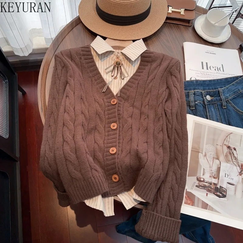 

Полосатая рубашка, вязаный свитер в стиле пэчворк, кардиган, Женский Осенний лацкан с длинным рукавом, в стиле преппи, имитация двух частей, свитеры-топы