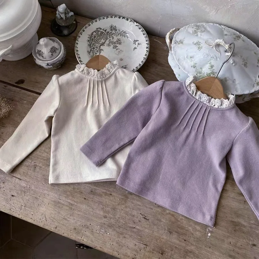 Spring Newborn Girl Infant T-shirt Lace Collar Long Sleeves