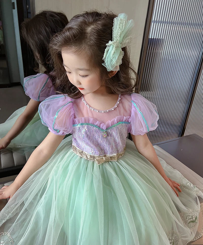 Vestidos hinchados para niñas, disfraz de princesa verde de reina Rapunzel, ropa de lentejuelas de 2 a 8 años, 2023