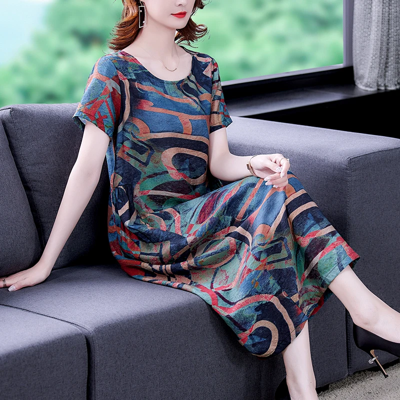 

Платье-трапеция из хлопка и конопли, летнее Новое свободное Повседневное платье средней длины большого размера с принтом в национальном стиле