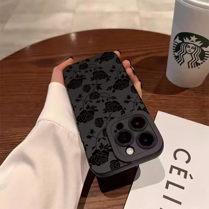 Elegant Rose Pattern Black Silicone Phone Case - Minimalist Design Cover