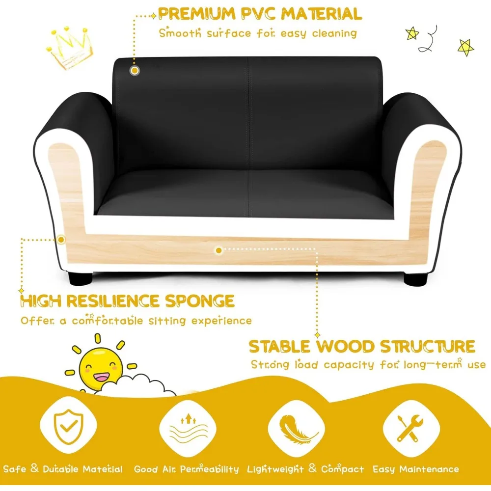 Kids Sofa, 2 Seat Toddler Couch Lounge Bed with Ottoman, Sturdy Wood Construction, Children PU Leather Upholstered Loveseat 5
