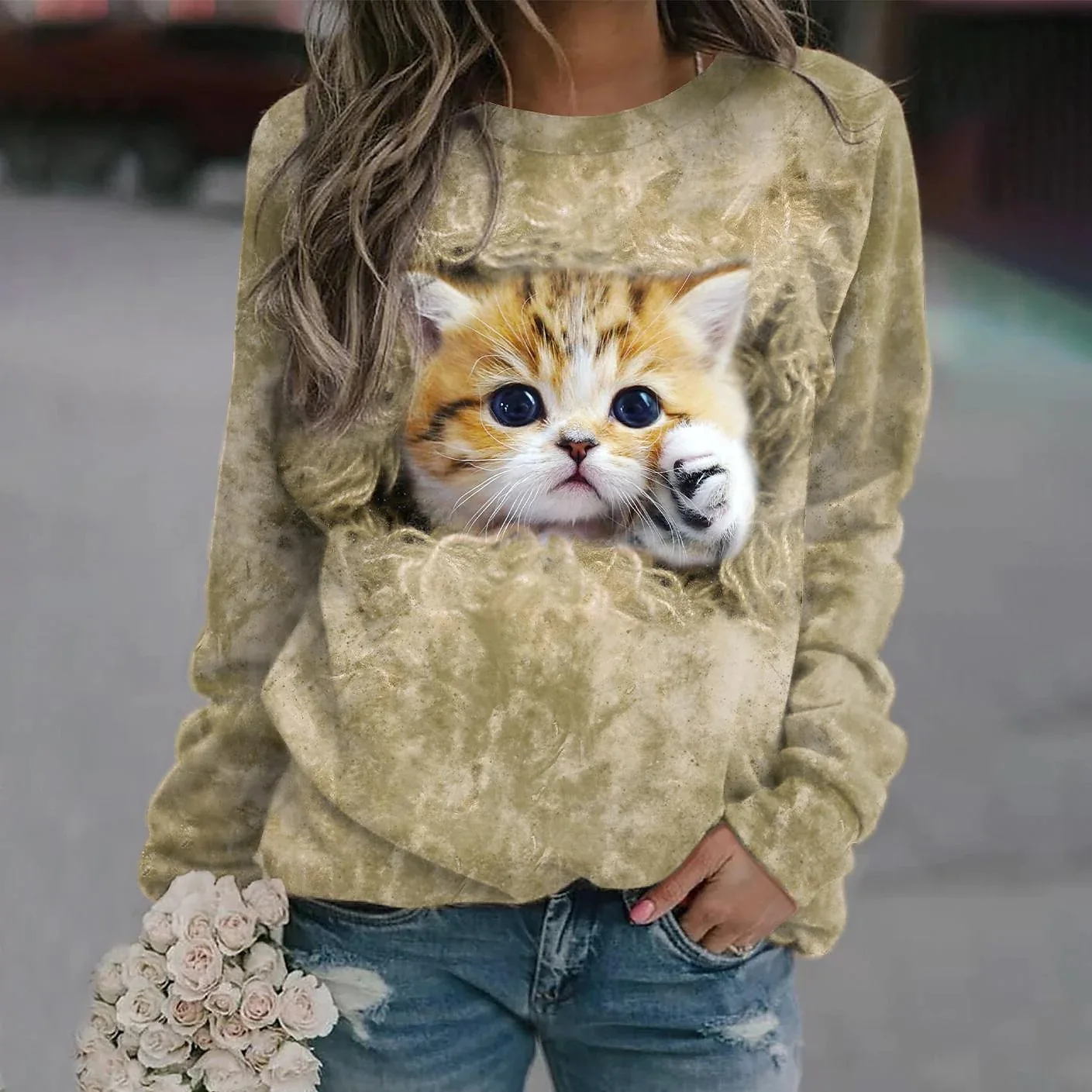 thumbnail image 1 of Sudadera con cuello redondo informal con estampado de gato lindo para mujer europea y americana, 1 of 4
