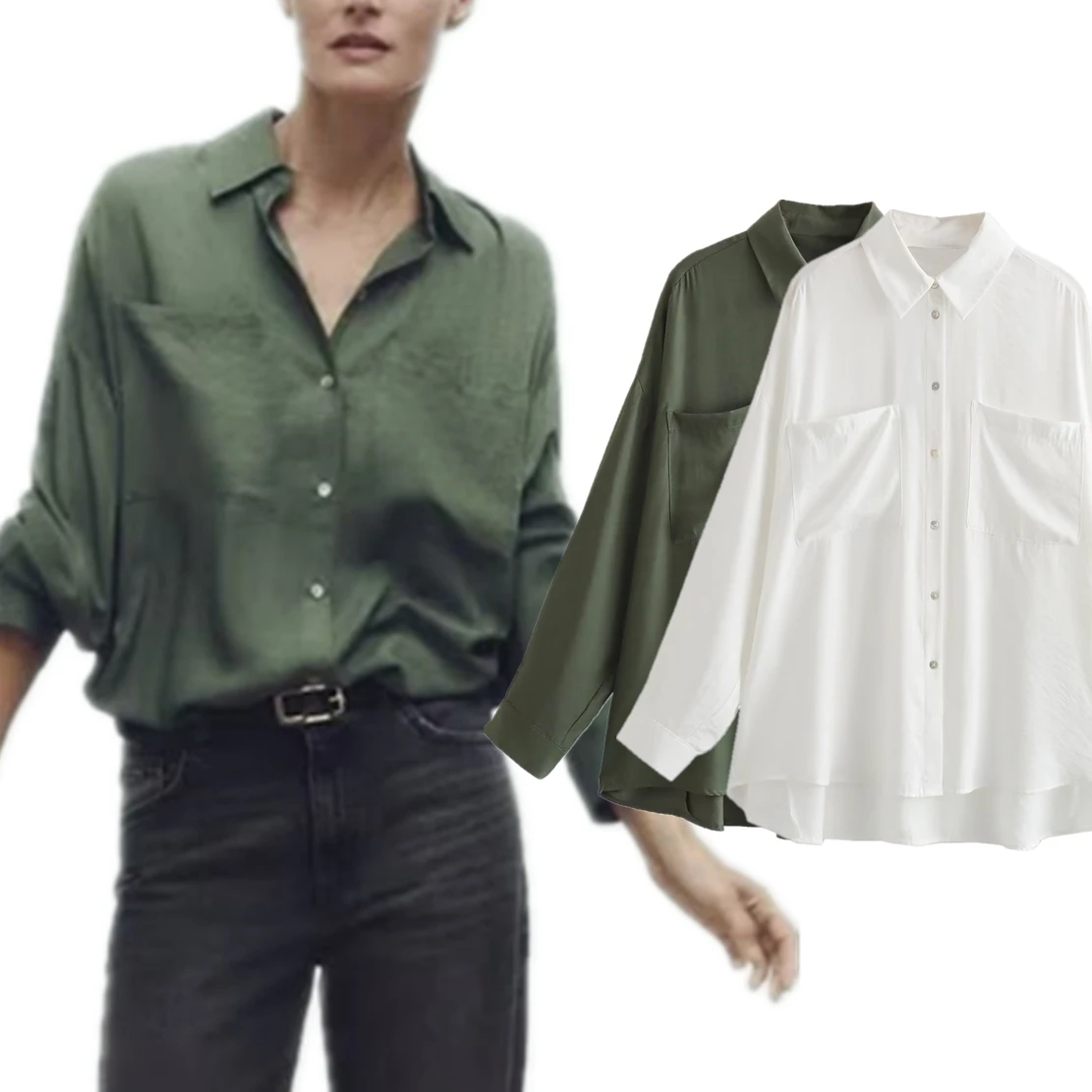 Dave&Di British Fashion Ladies Pocket Decorated Bat Loose Shirt  Sleeve Women Tops Simple Solid Color Autumn Shirt Female