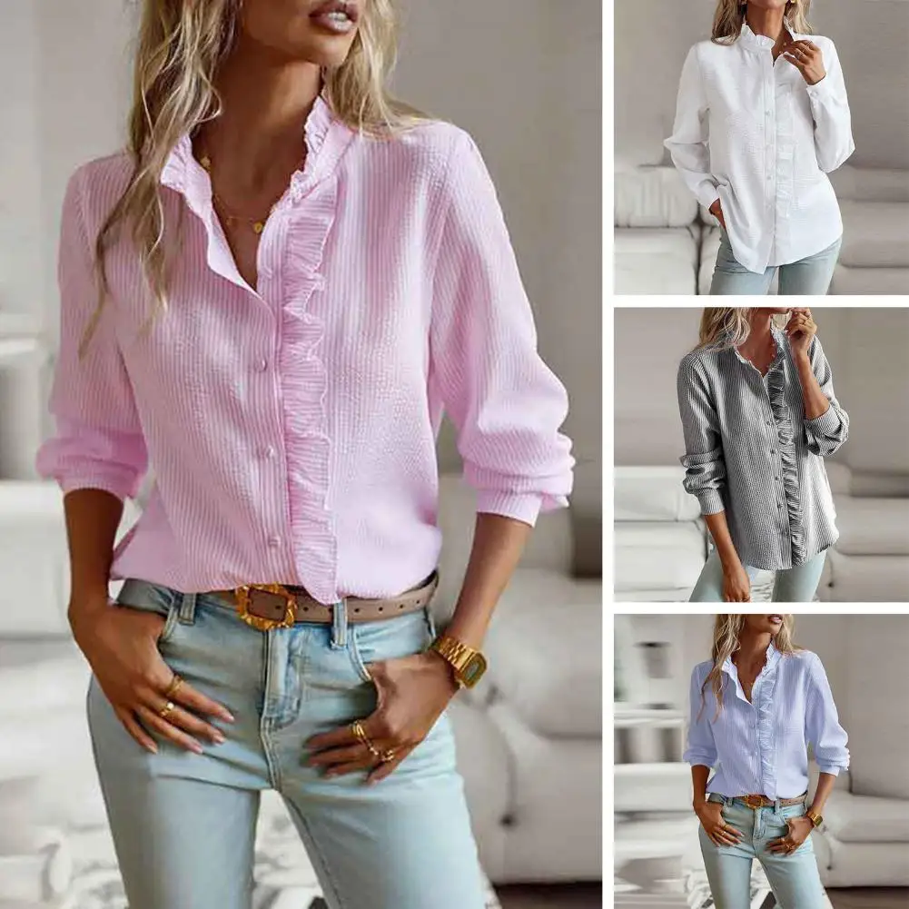 

Shirt Chic Lapel Collar Ruffle Patchwork Blouse Elegant Mid-length Buttoned Top for Women's Fall Spring Wardrobe Ruffle Shirt