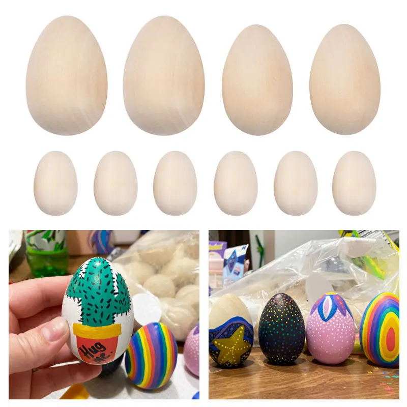 Easter Wooden Eggs Diy Unfinished Wood Children Graffiti Painted Handcraft Simulation Eggs Baby Children's Educational Toy Gift 8pcs handcraft wooden pendants easter rabbit eggs diy wooden chips hanging ornaments home party decorations