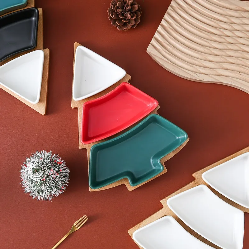 Creative Christmas Tree Ceramic Snack Plate with Bamboo Plate Christmas Tree Shaped Plate Dim Sum Fruit Plate Candy Plate