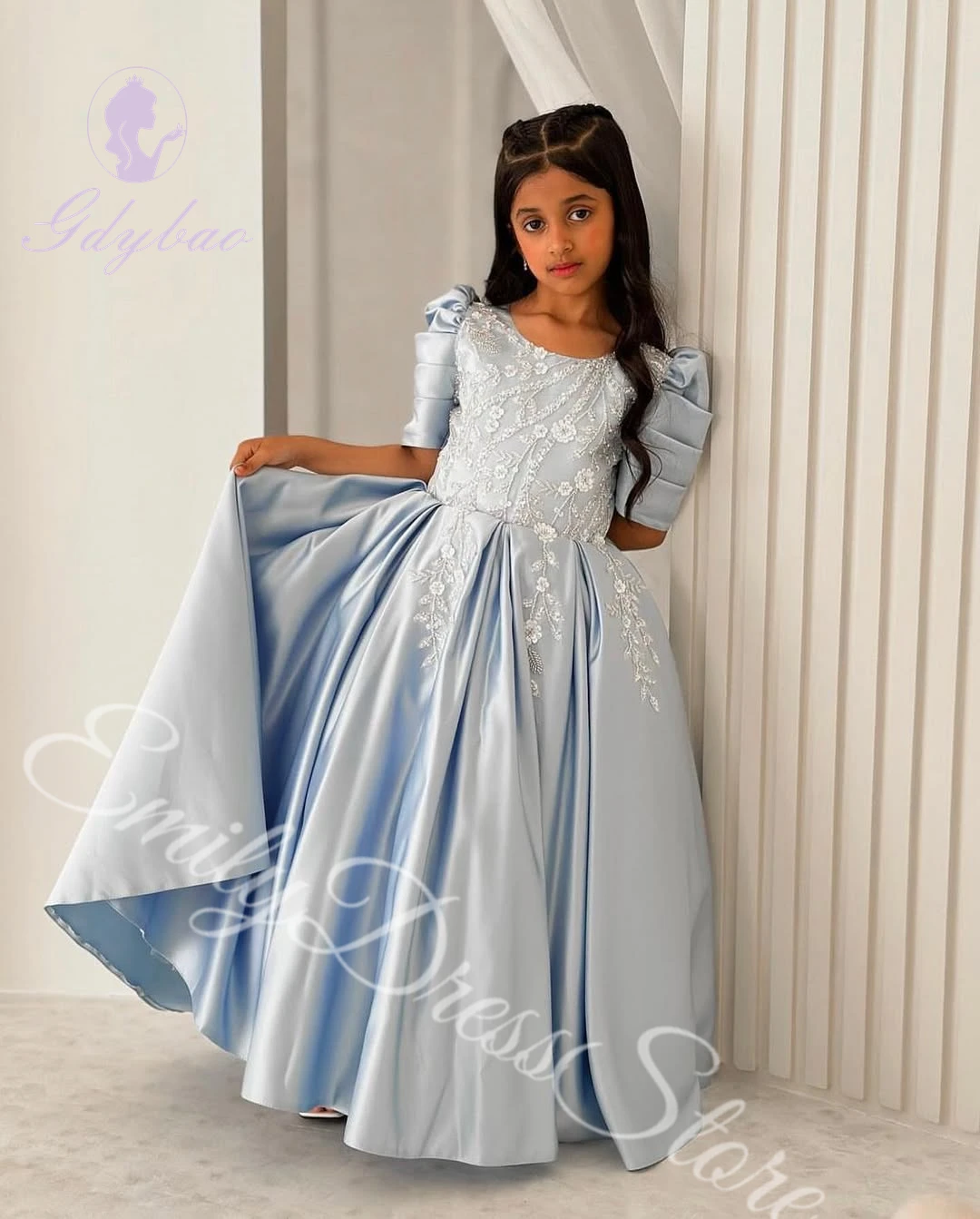 Customized Sky Blue Flower Girl Dress For Wedding Satin Half Sleeves Puffy Applique Kids Birthday First Communion Ball Gowns 1