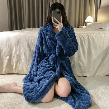 Women's Flannel Bathrobe with Sashes Solid Long Sleeve Ladies Dressing Gown Fleece Winter Warm Homewear Bath Robe for Female