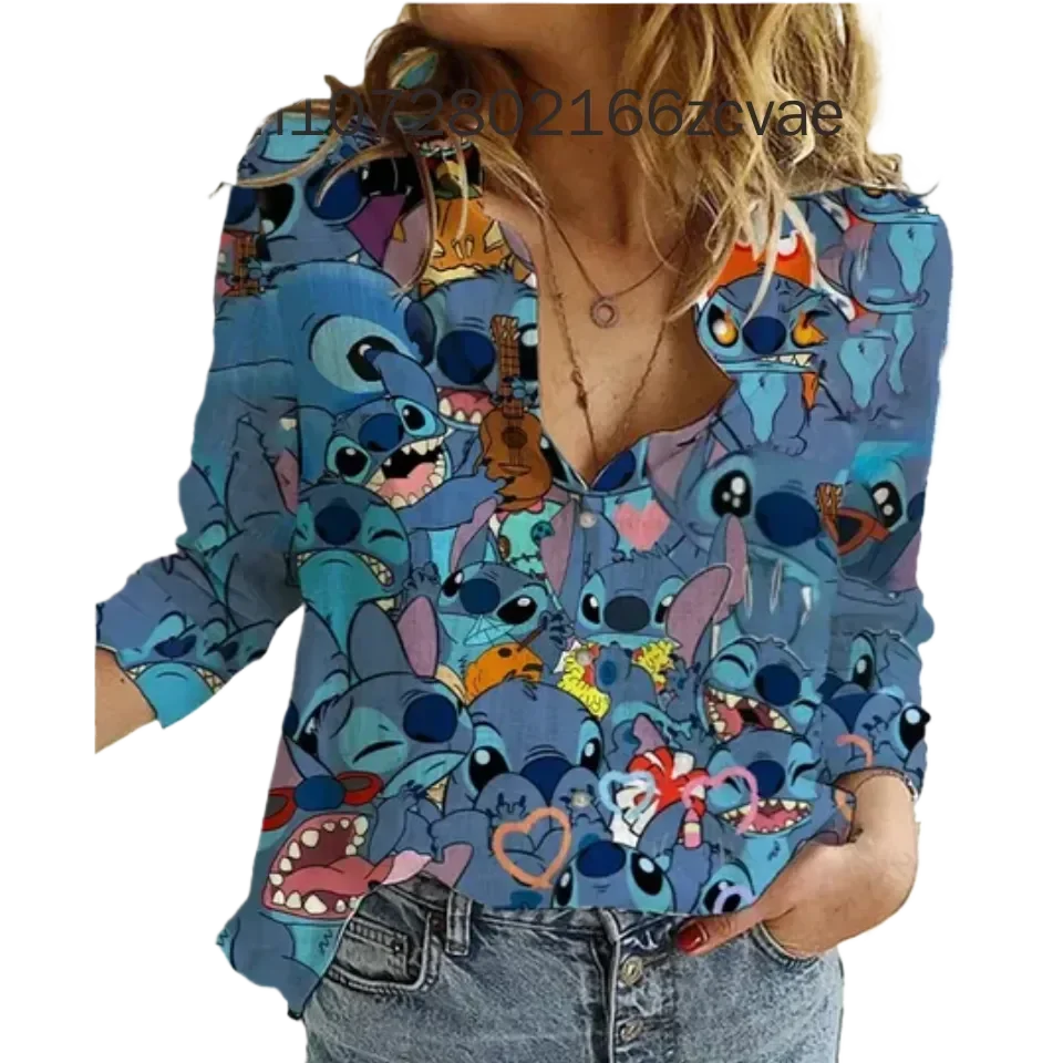 

Новинка 2024, женская рубашка с длинными рукавами Disney Stitch, модная и элегантная рубашка на пуговицах, повседневная женская рубашка Y2K от Диснея Гаваи