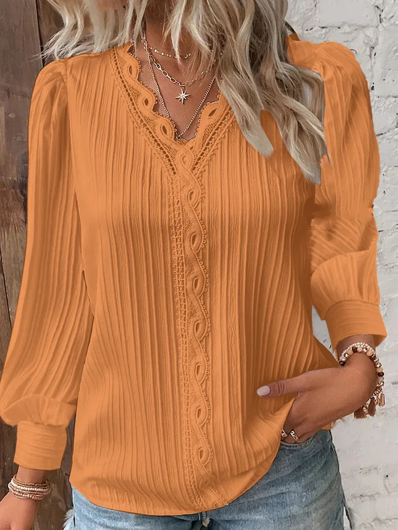 Lace V Neck Elegant Solid Color Pullover Shirt Women Autumn Striped Fabric Long Sleeve Blouse Female Comfortable Casual Chic Top