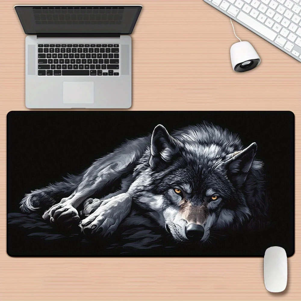 Large wolf mouse pad gaming desk setup