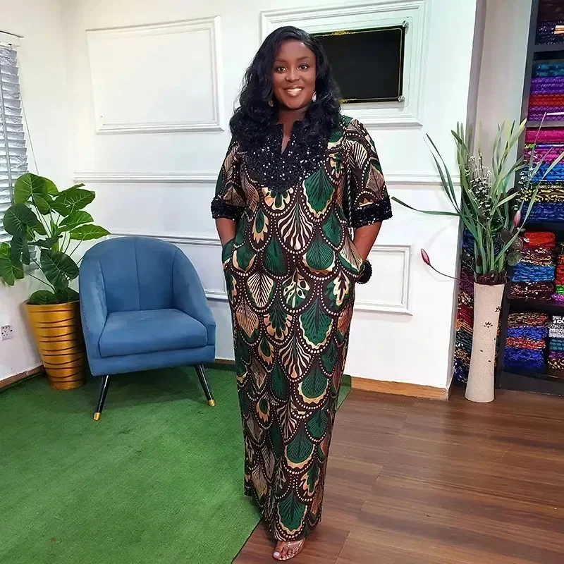 African Luxury Dresses Wedding Party Women short sleeve sequin Long Robe 2023 Evening Dress Dashiki Ankara Africa Lady Clothing