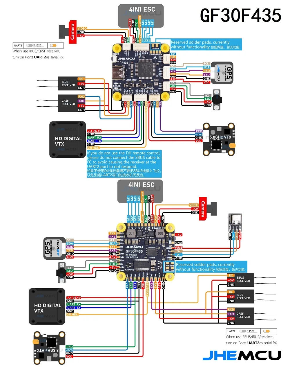 JHEMCU F435 Flight Controller GF30F435 ICM-42688-P 3-6S AT32 TYPE-C Für TBS CRSF SBUS IBUS DSM-2 DSM-X FPV drohne 30,5X30,5 MM – Detail 4