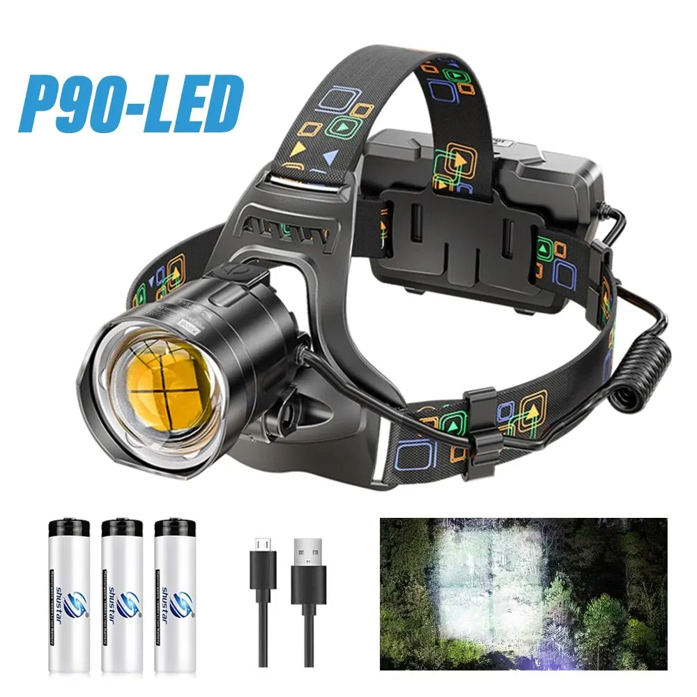 AliExpress Collection XHP90 램프 비즈 포함 슈퍼 브라이트 LED 헤드램프, 방수 헤드라이트 전원 디스플레이, 탐험 사냥 낚시 적합