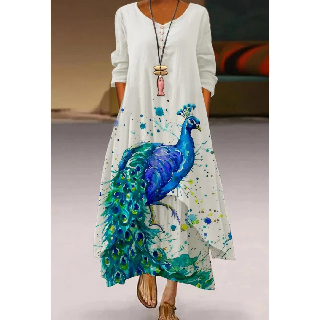 

2023 Peacock 3D Print Women's Fashion Loose Party Evening Casual Lady Long O-neck Dresses Sleeve Sexy Maxi ELegant Beach Style