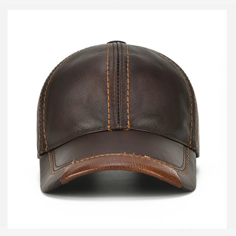 Men Real Cowhide Leather Earlap Caps Male Fall Winter 100% Real Cow Leather Hats New Casual Real Leather Outdoor Baseball Cap 5
