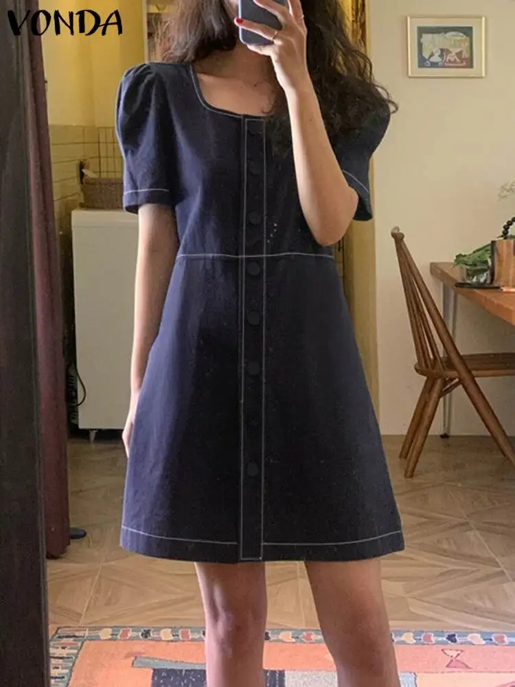 

Summer Dress 2023 Women Party Dresses VONDA Vintage Short Puff Sleeve Casual OL Vestidos Square Neck Mini Sundress Oversized