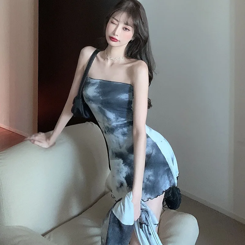 타이다이 디자인 센스 튜브톱 드레스, 여성 패션 가디건 상의, 투피스 수트, 가을, 2 개 세트