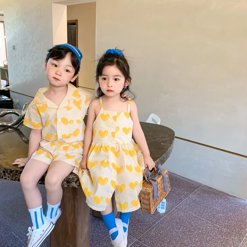 2024 여름 형제 자매 복장, 소년 어린이 사랑 반팔 셔츠 및 반바지, 여아  프..