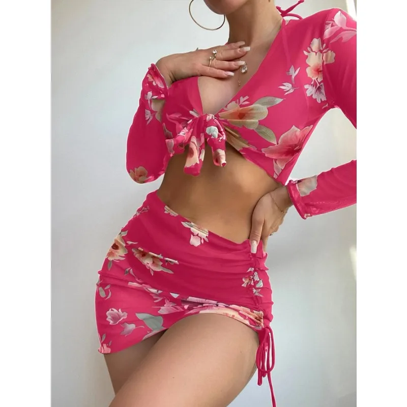 Women's 4 Piece Bikini Set Tropical Floral Print Tie Side Triangle Halter Thong Bikini Swimsuit with  Beach Skirt Cover Up