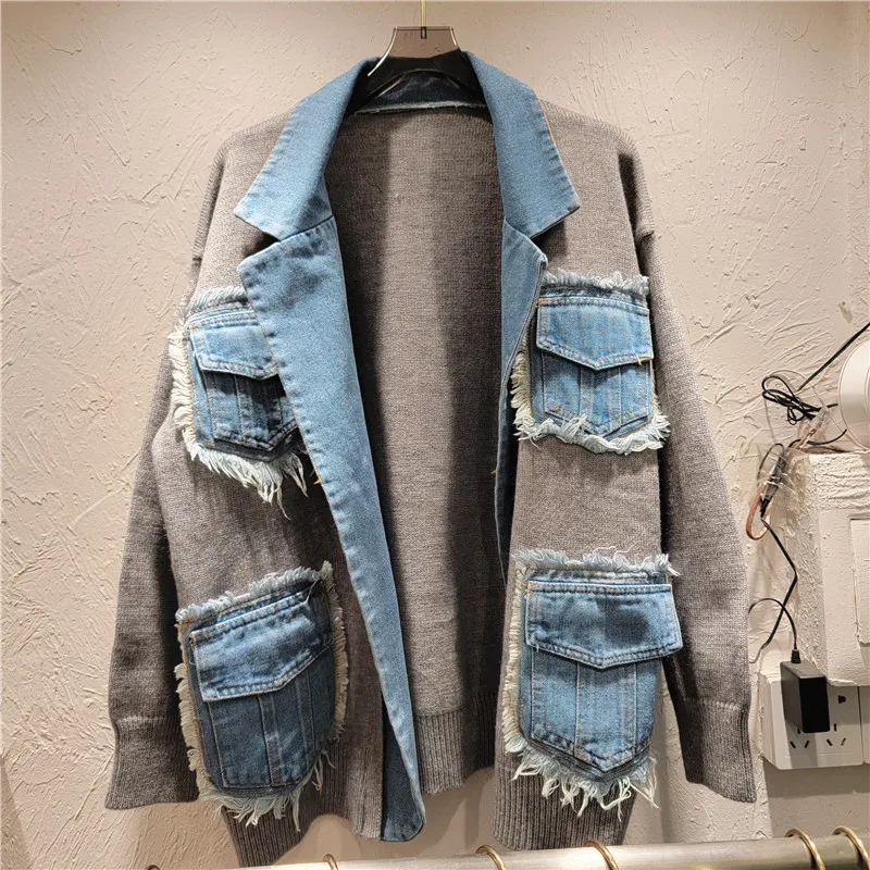 Women Denim Spliced Suit Coat Knitted Cardigan Pockets Contrast Color Jeans Blazers Coat Long Sleeve Autumn Sweater Coat Tops - Image 3