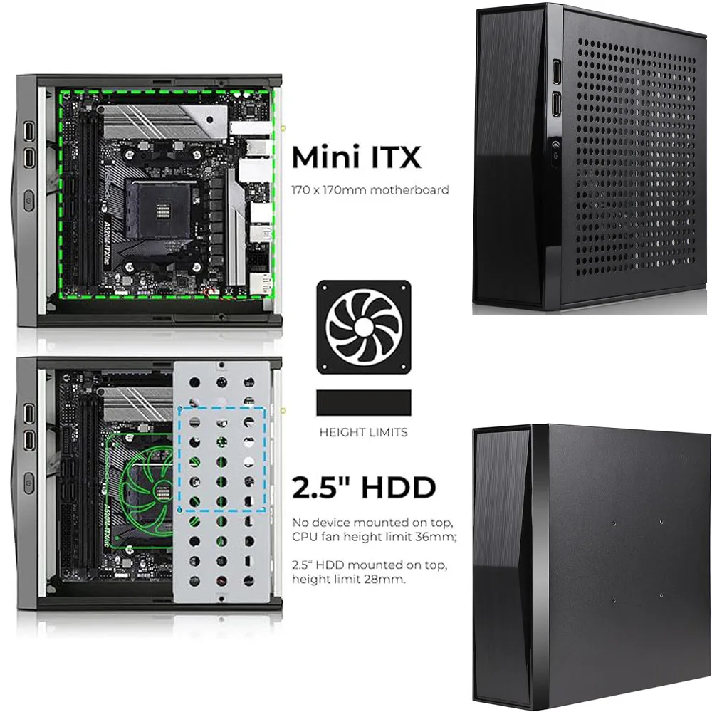 섀시 컴퓨터 케이스 미니 타워 다중 표면 방열판 미니 ITX 마더보드용 강력한 방열 HTPC 170*170mm 케이스