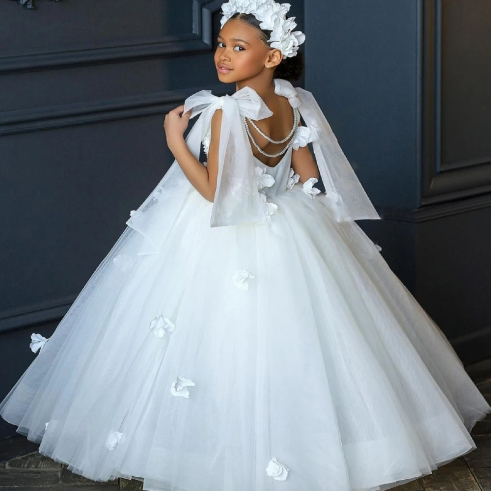 

White Flower Girl Dress For Weddings Floral Lace Applique Gown For Little Girl First Holy Communion Dresses
