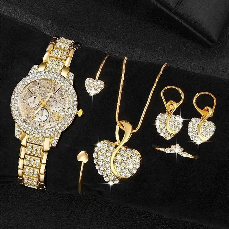 6PCS/set Women Watch Luxury Elegant Alloy Watch Crystal Wristwatch For Ladies Gift Quartz Watch Alloy Rhinestone Bracelet Montre