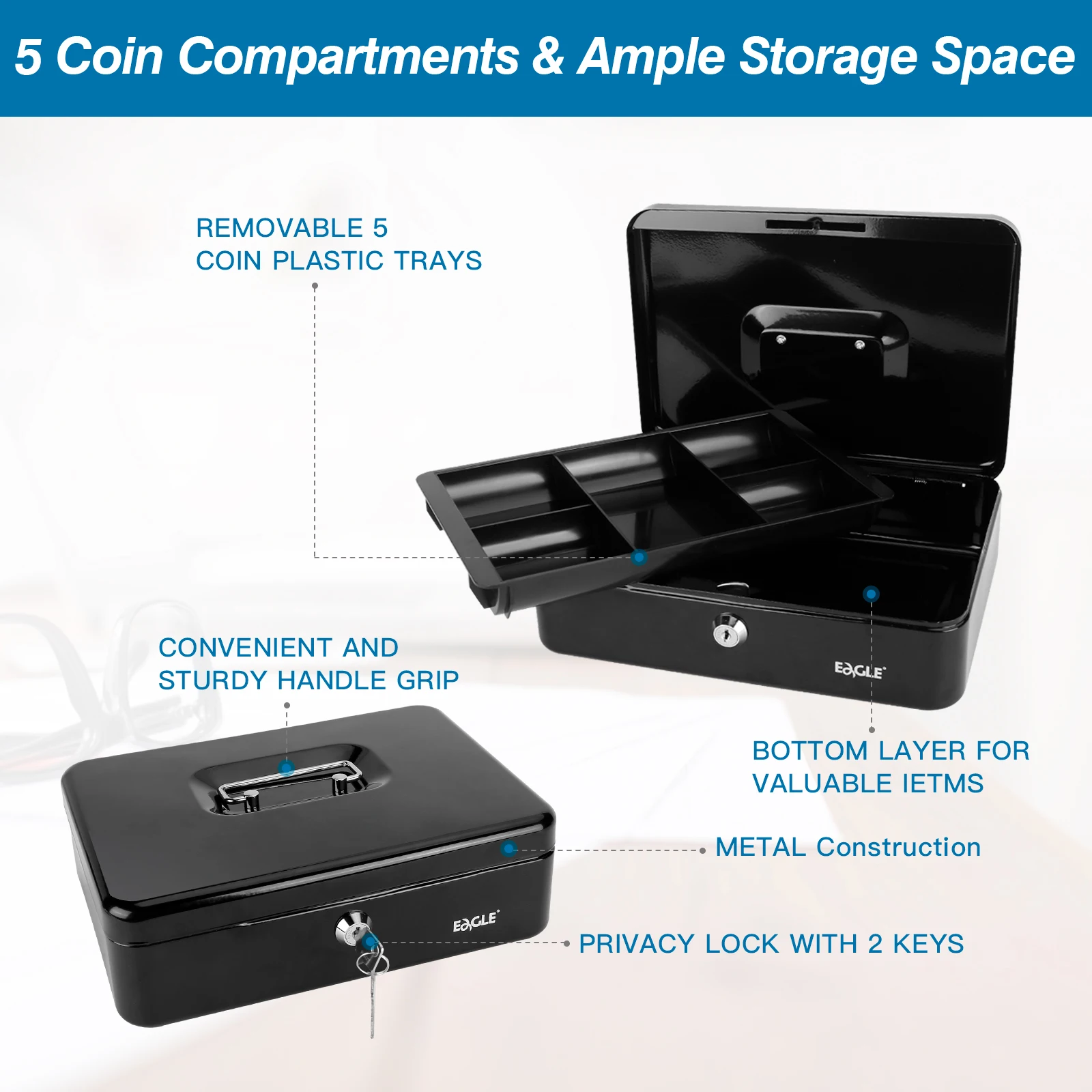 Eagle Metal Cash Box Lock Coin Tray Storage Box Business Saving Money Cash Register