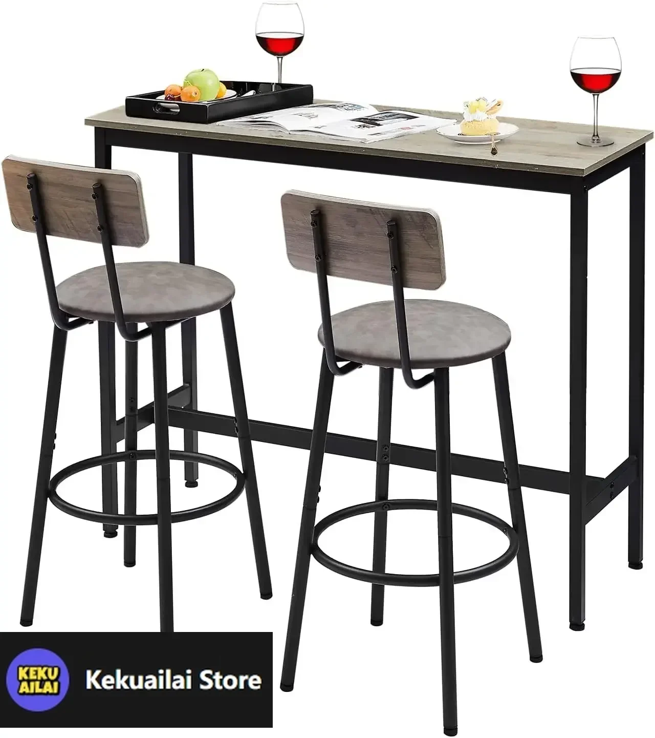 Chairs Set, Industrial Style Bar Stools PU Upholstery Seat with Backrest, 3 Pieces Pub Dining Table Set for Kitchen, Apartment