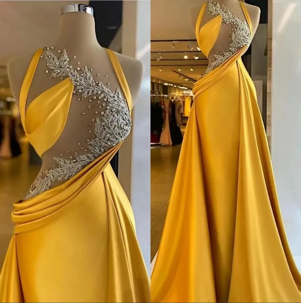 

Gold Mermaid Prom Dresses with Overskirt Crystals Beaded Illusion Top Satin Custom Made Ruched Evening Party Gowns vestidos Form